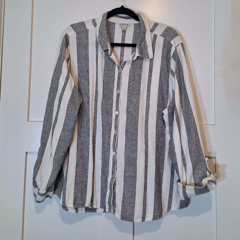 Orvis Linen Rayon Button Down Shirt Vertical Stripes Blue White Size XXL